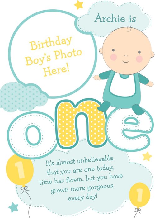 Baby In Clouds Personalised Photo Upload Happy 1st Birthday Card
