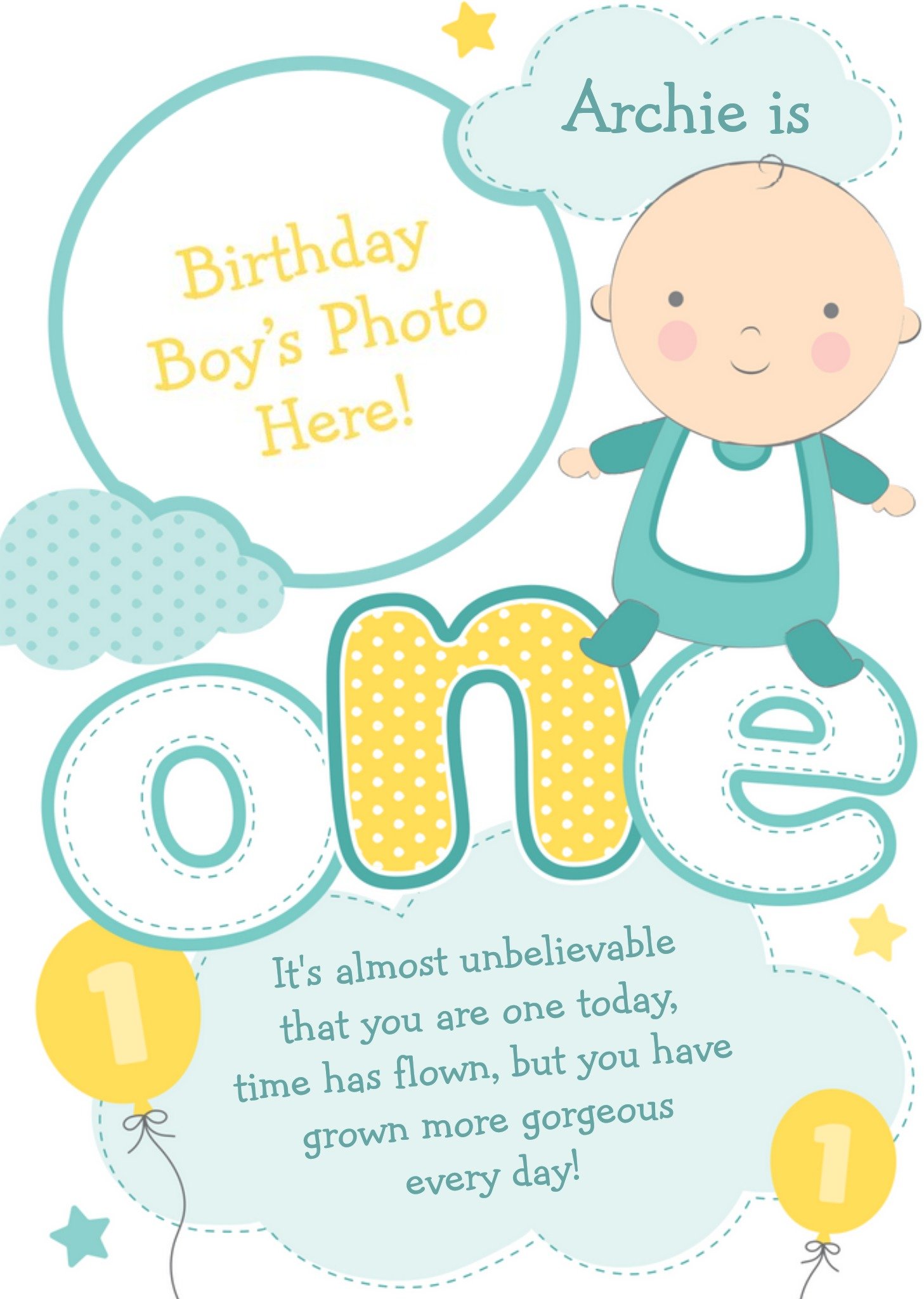 Moonpig Baby In Clouds Personalised Photo Upload Happy 1st Birthday Card, Large