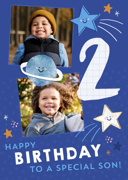 Cute Space Happy 2nd Birthday Photo Upload Card