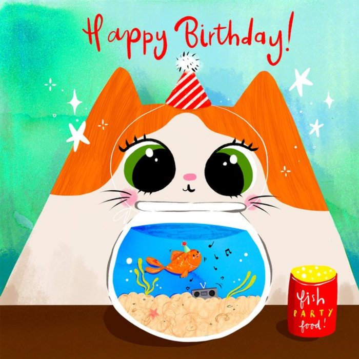 Illustrated Floral Dancing Fish Cat Birthday Card