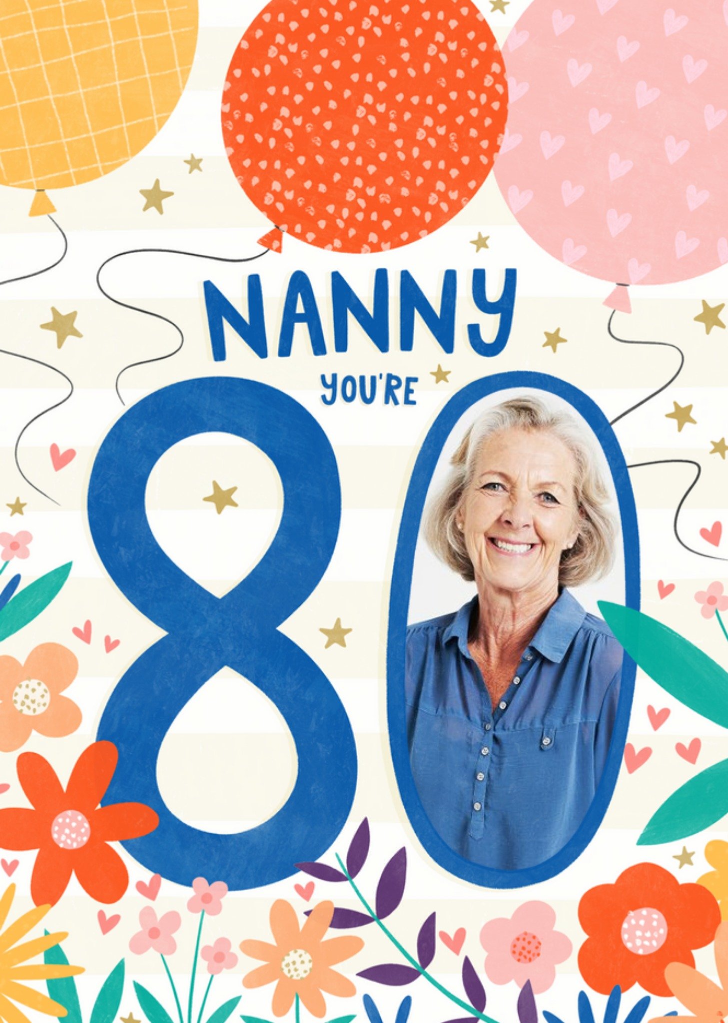 Floral Illustrated Nanny 80th Birthday Photo Upload Card Ecard