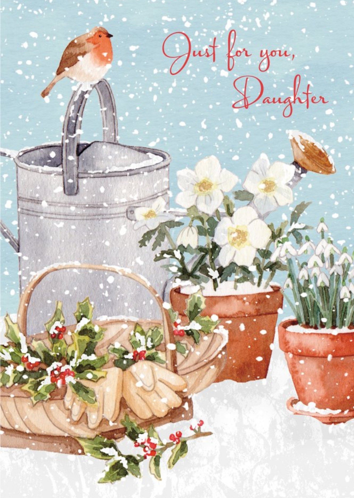 Daughter At Christmas Snowy Robin Gardening Scene Ecard