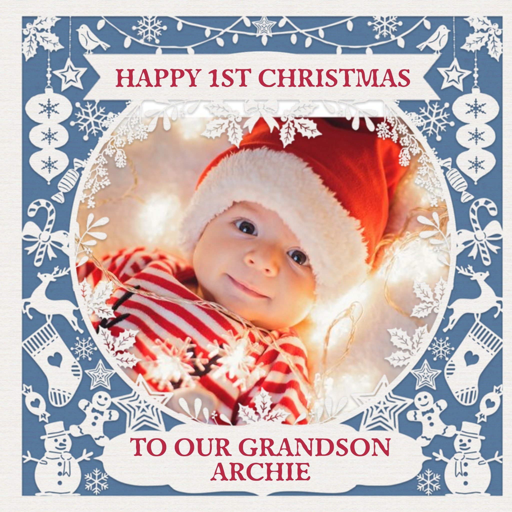 Paper Frames Photo Upload Christmas Card Happy First Christmas To Our Grandson, Square