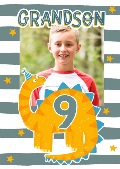 Cute Dinosaur Grandson Photo Upload 9th Birthday Card