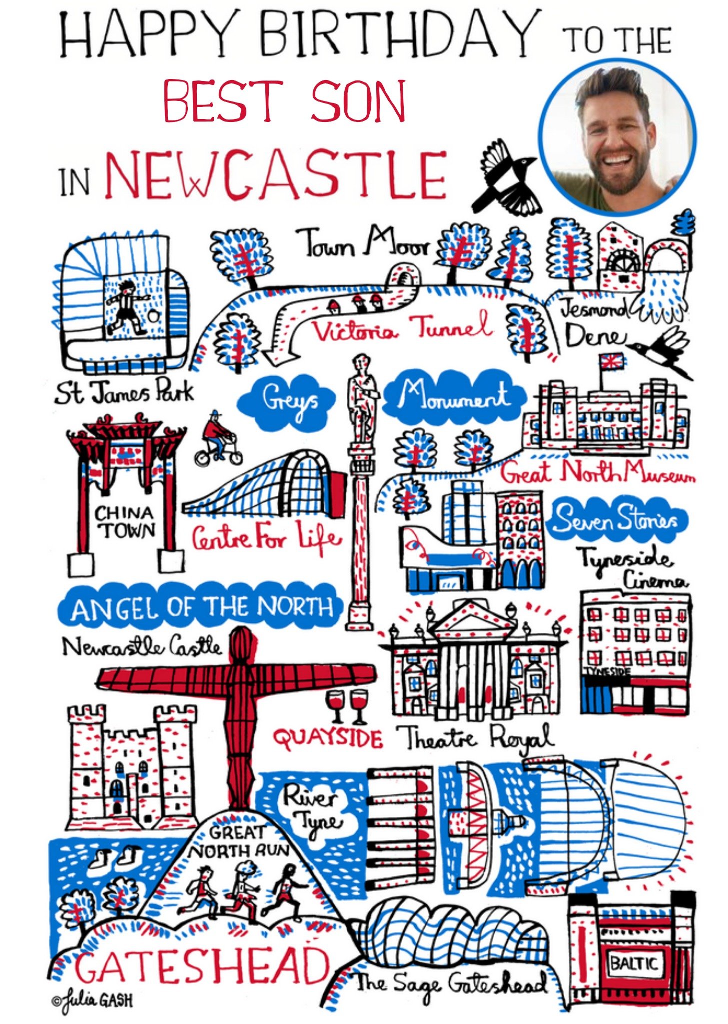 Moonpig Vibrant Collage Illustration Of Newcastle Photo Upload Birthday Card Ecard