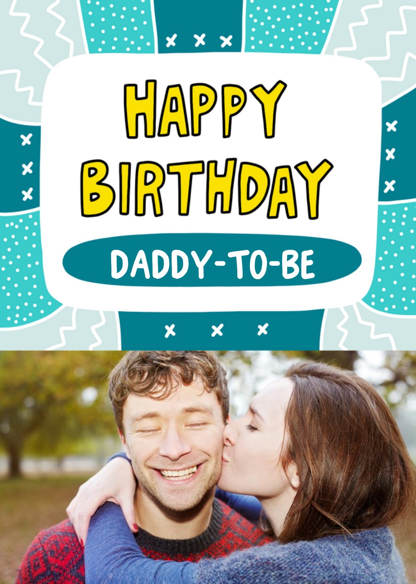 Illustrated Teal Patchwork Daddy-To-Be Photo Upload Birthday Card Ecard