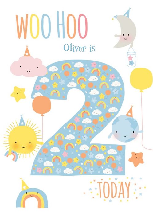 Cartoon Cloud Moon Sun World Personalised Happy 2nd Birthday Card