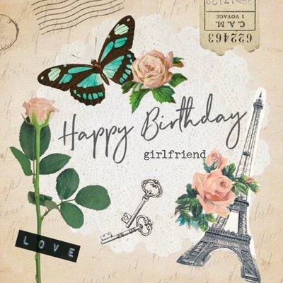 Vintage Paris Birthday Card - Traditional Happy birthday card for girlfriend