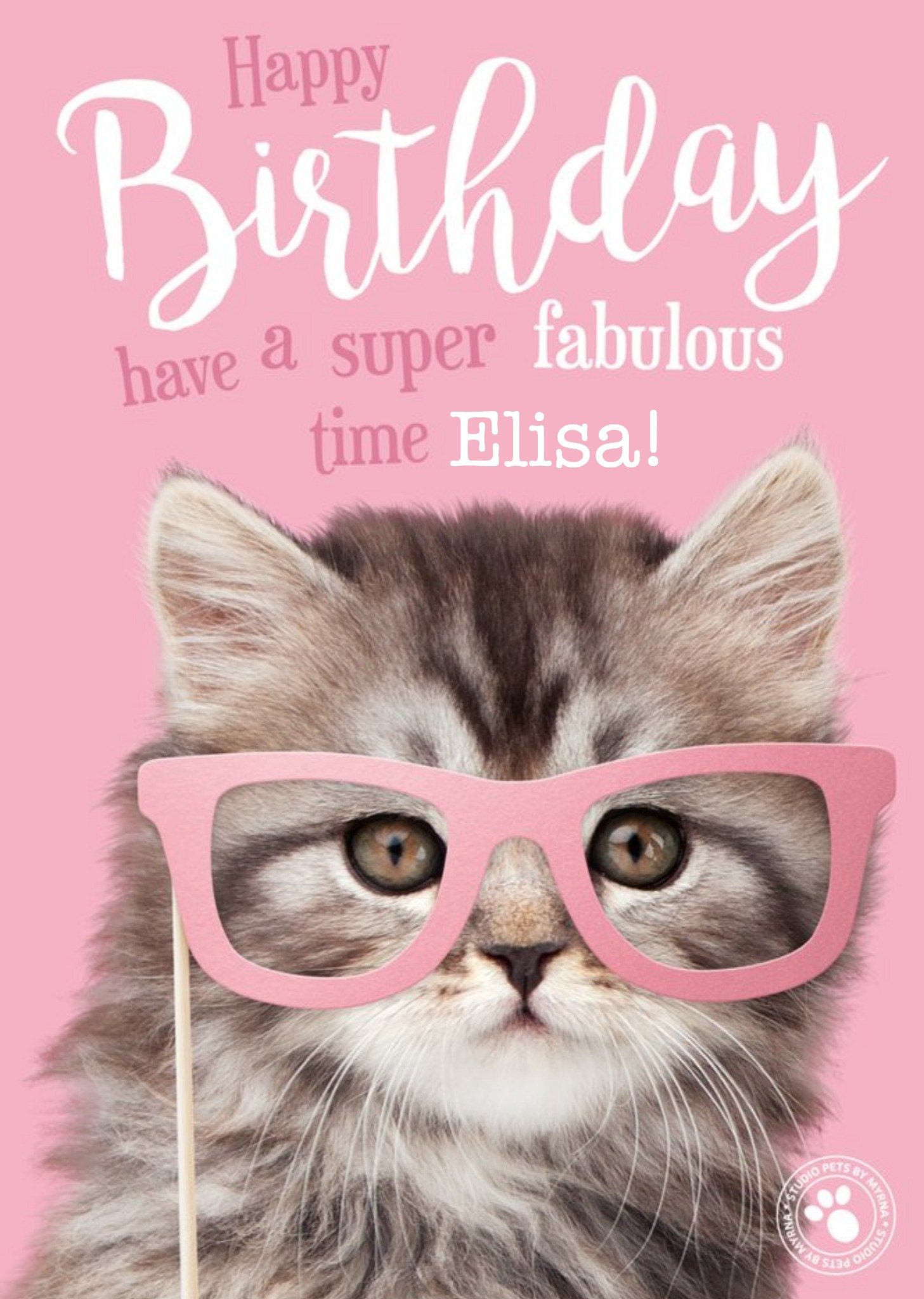Studio Pets Cat Glasses Personalised Text Birthday Card, Large
