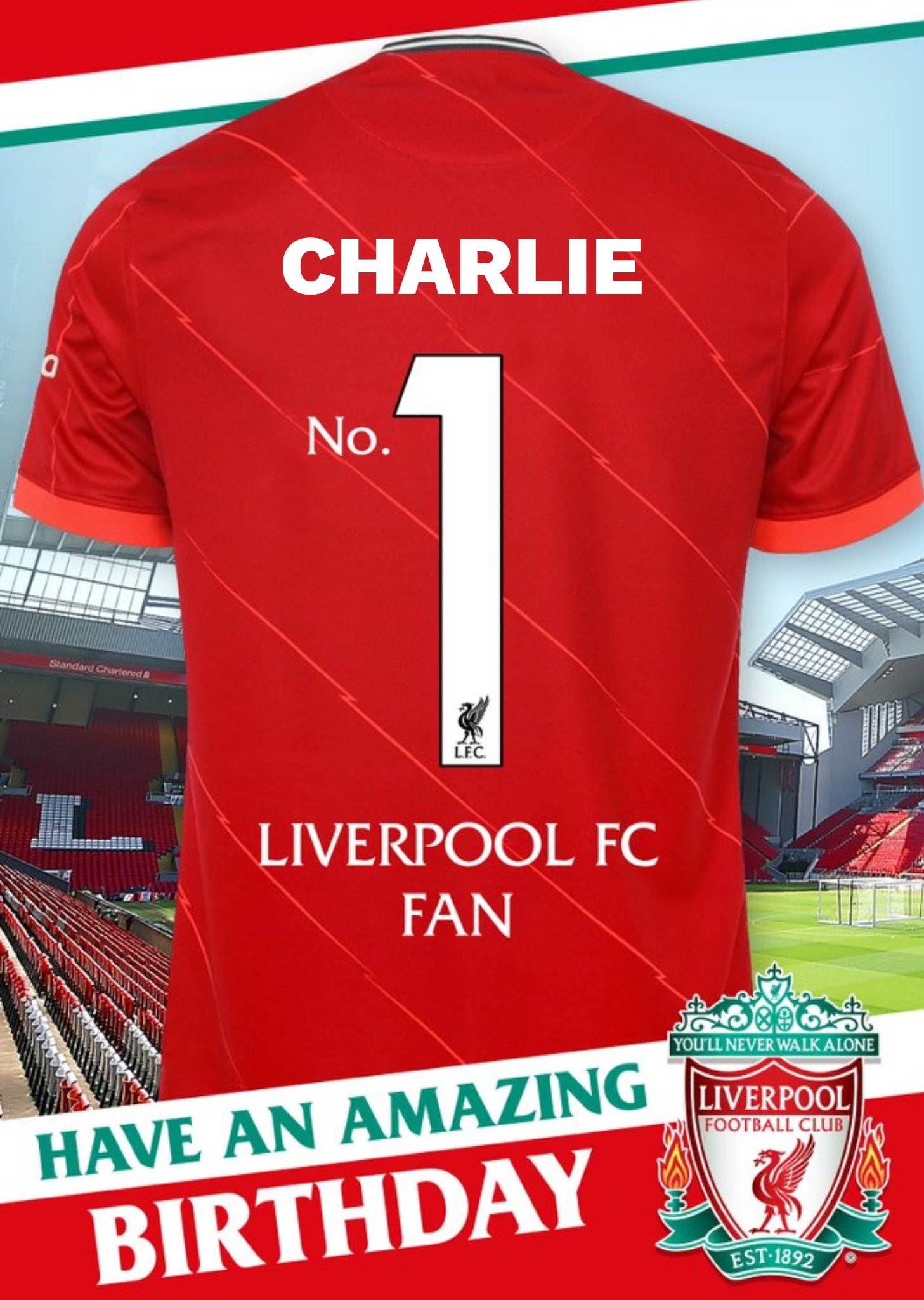 Liverpool Fc No.1 Fan Football Shirt Birthday Card, Large