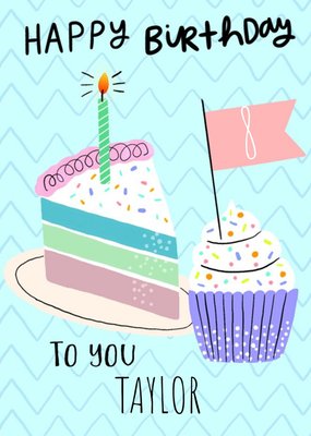 Illustration Of A Slice Of Cake And A Cupcake Eighth Birthday Card