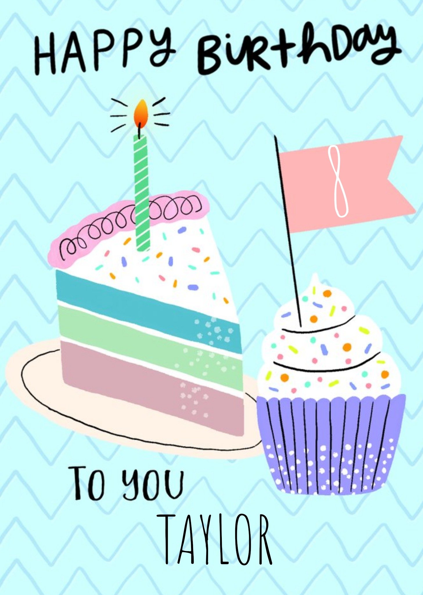 Illustration Of A Slice Of Cake And A Cupcake Eighth Birthday Card Ecard