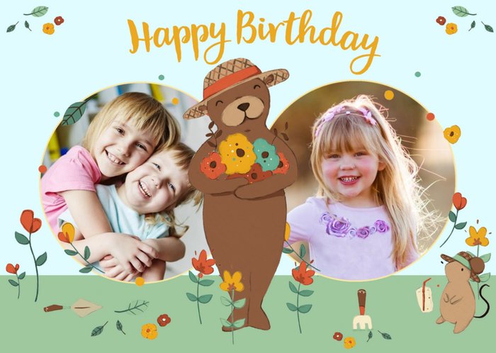 Personalised Bear In The Garden Happy Birthday Multi-Photo Card