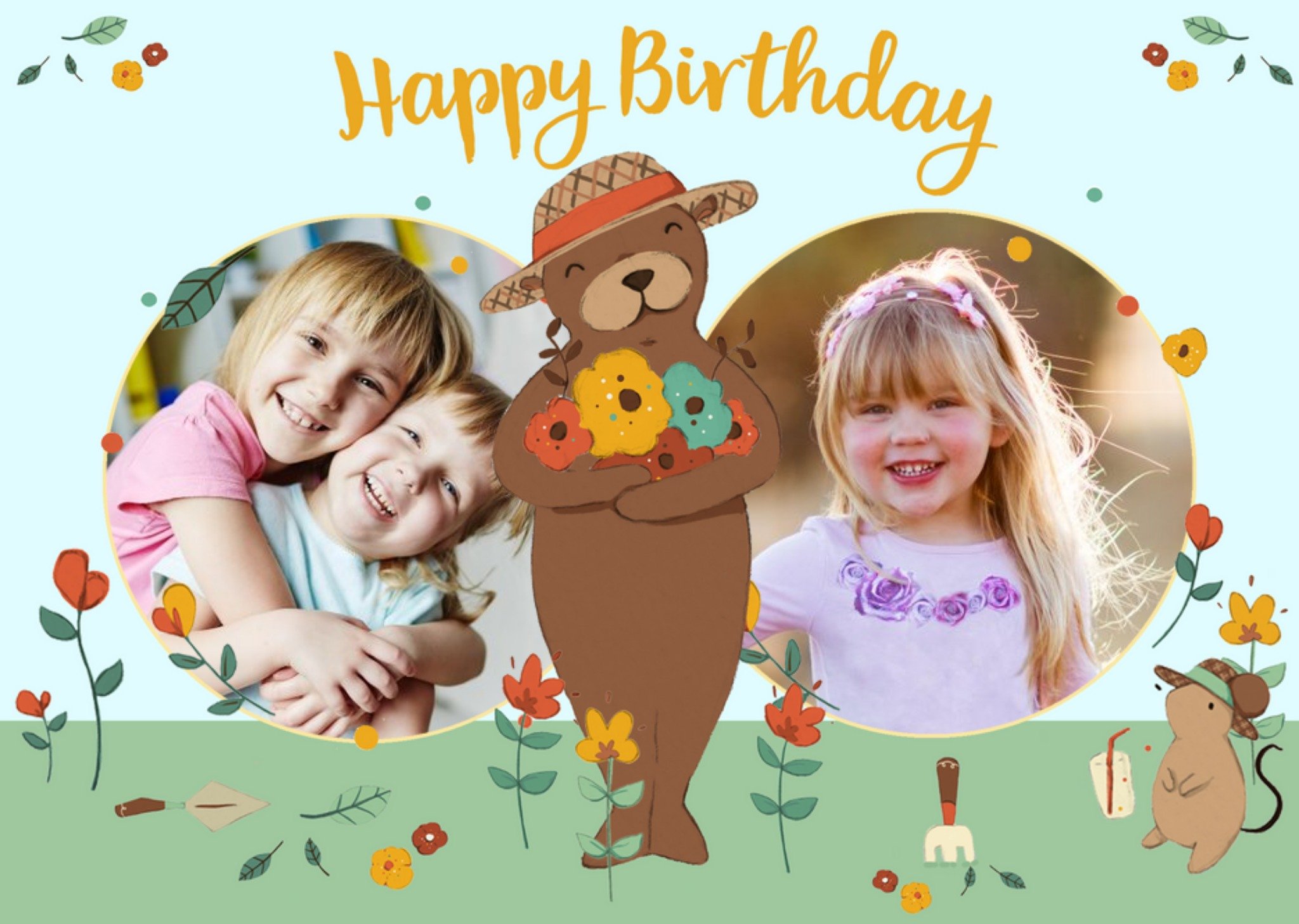 Moonpig Personalised Bear In The Garden Happy Birthday Multi-Photo Card Ecard