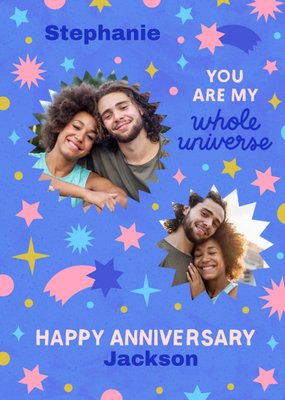 Space Themed Illustration With Flash Shaped Photo Frames Photo Upload Anniversary Card