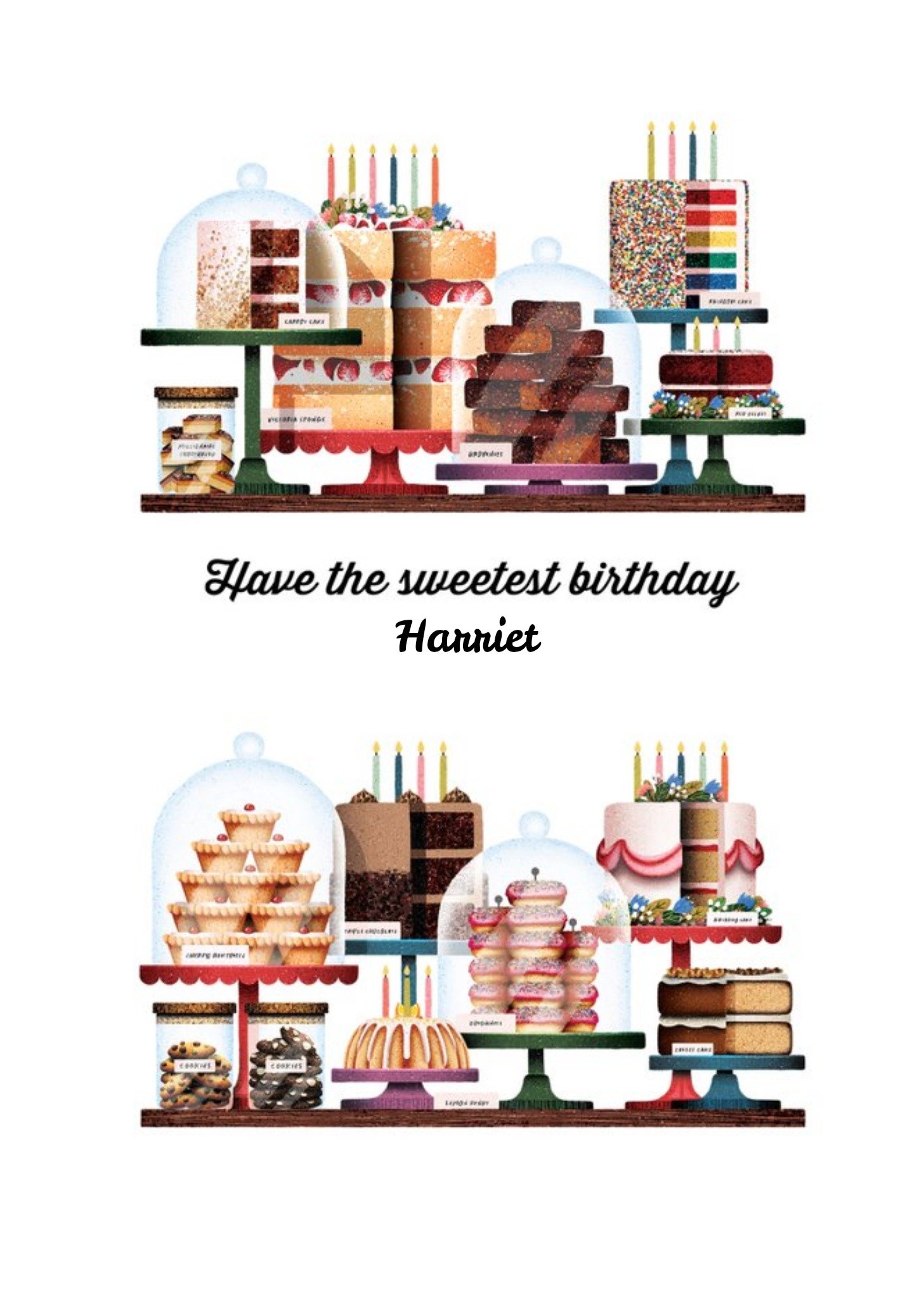 Illustration Of Various Colouful Cakes On Cake Stands Personalised Birthday Card Ecard