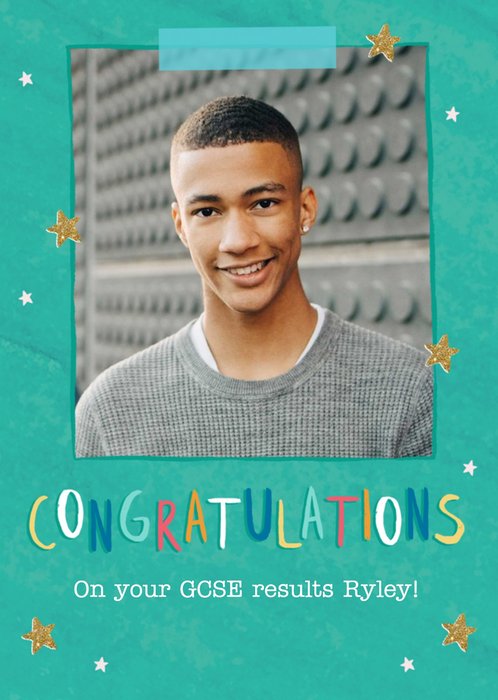 Colourful Typography With Stars Exams Photo Upload Congratulations Card