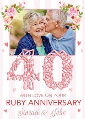 Celtic Knot Styled Number Forty With Pink Roses And Hearts Ruby Anniversary Photo Upload Card