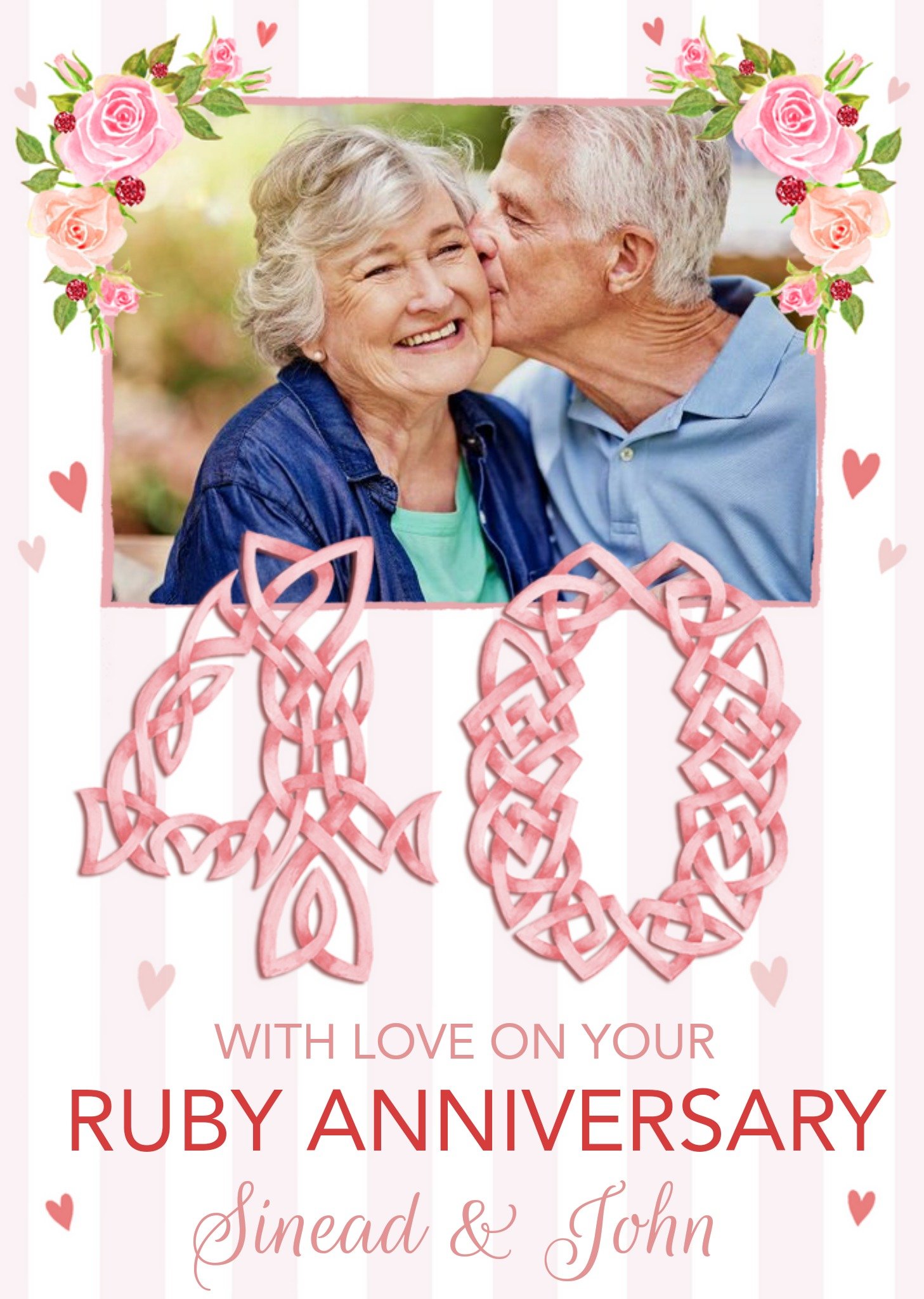 Celtic Knot Styled Number Forty With Pink Roses And Hearts Ruby Anniversary Photo Upload Card Ecard