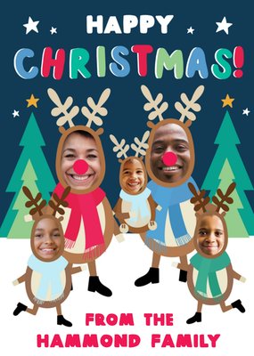 Joyful Illustrated Family Of Reindeer Photo Upload Happy Christmas Card
