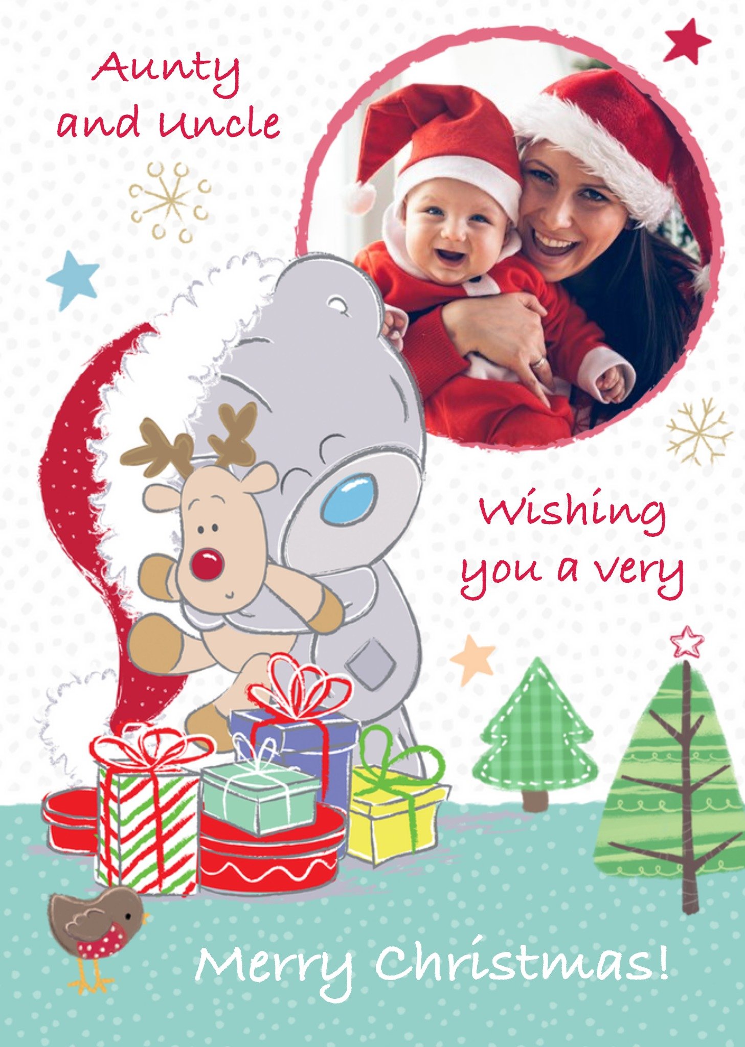 Tiny Tatty Teddy Tatty Teddy And Cuddly Rudolph Personalised Photo Upload Merry Christmas Card For Aunt And Uncle Ecard