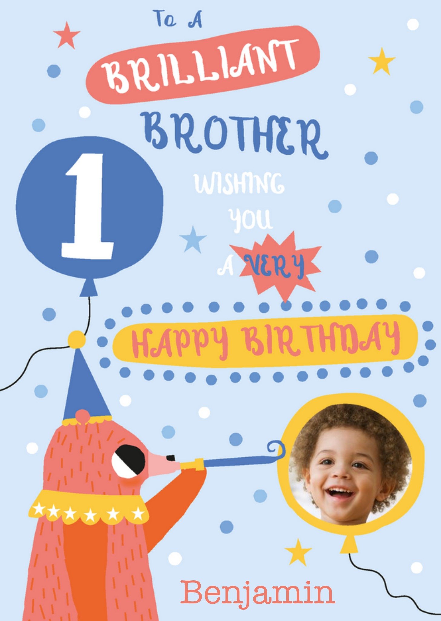 Bear Illustration Brother 1st Birthday Photo Upload Card Ecard