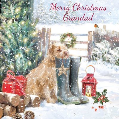 To Grandad Dog And Wellies Square Christmas Card