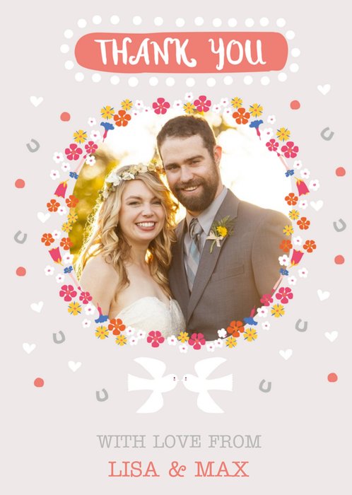Cute Illustrated Floral Wedding Thank You Photo Upload Card