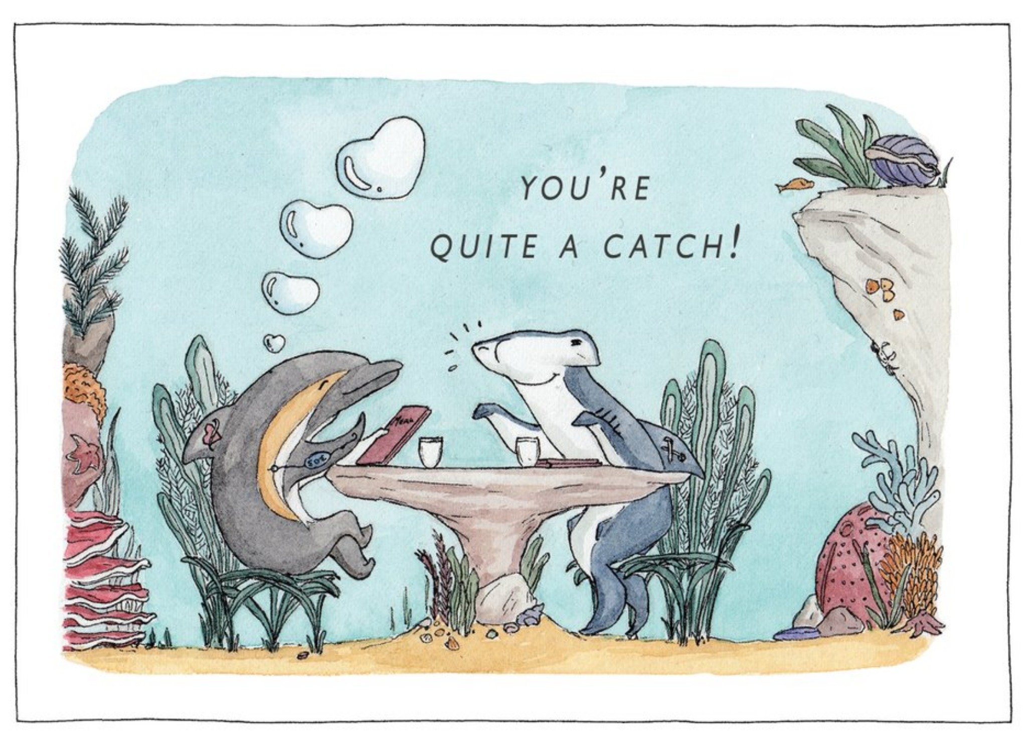 Moonpig Illustration Of A Dolphin And A Hammerhead Shark Dining Under The Sea Anniversary Card Ecard