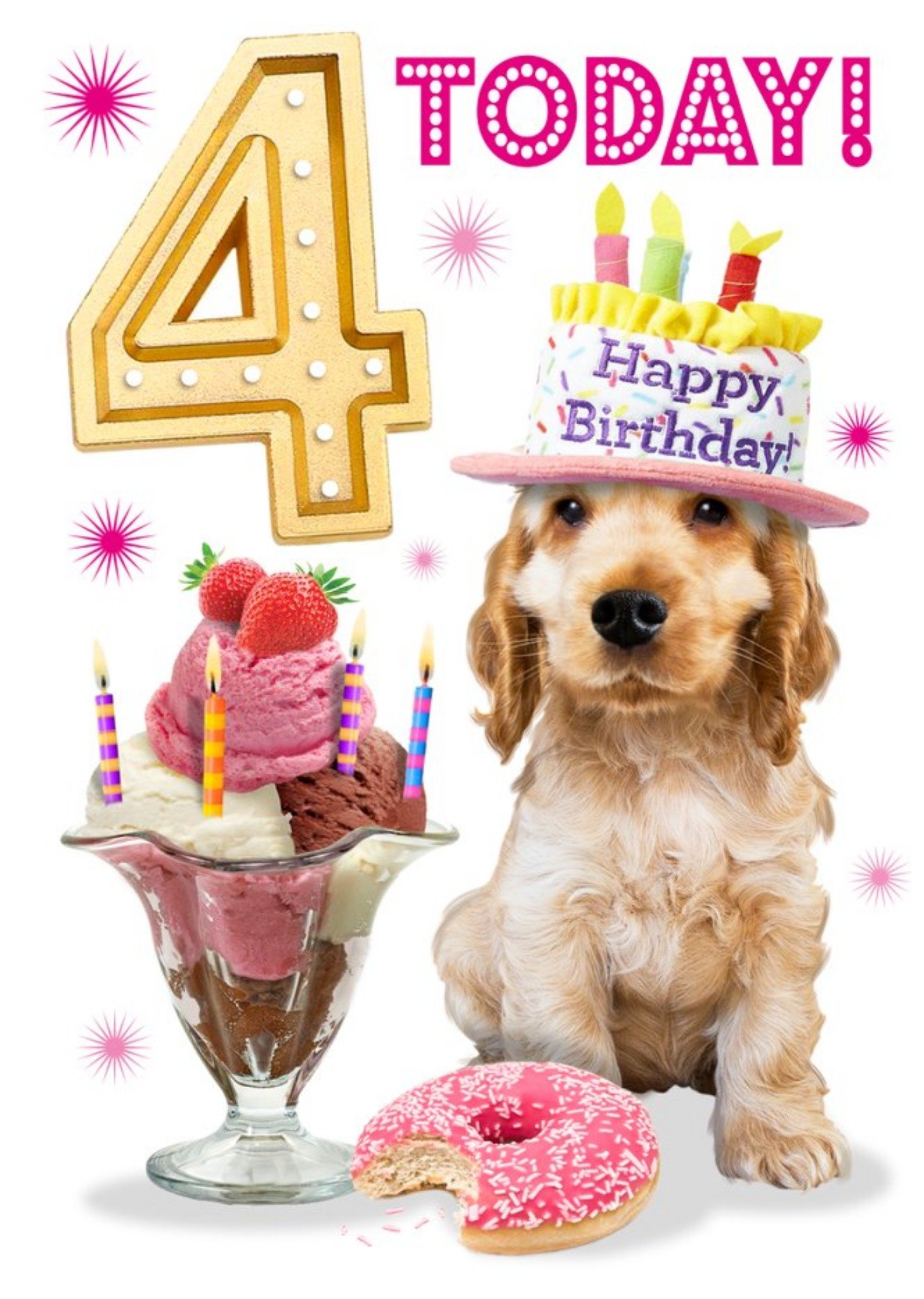Moonpig Cute Dog Wearing Hat 4th Birthday Card, Large