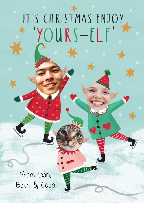 Cheery Illustrated Family Of Elves Ice Skating Photo Upload Christmas Card