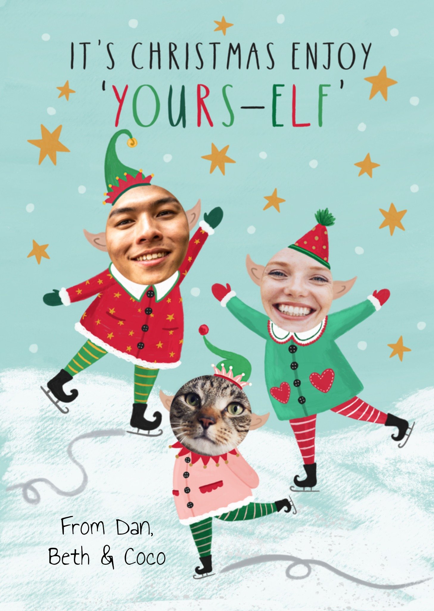 Moonpig Cheery Illustrated Family Of Elves Ice Skating Photo Upload Christmas Card Ecard
