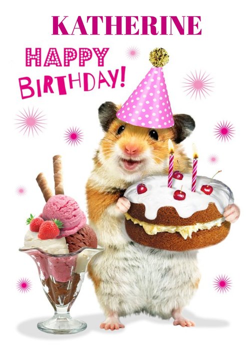 Cute Hamster With Birthday Cake Personalised Card