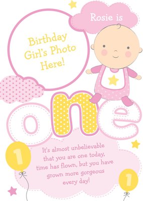 Yellow And Pink Clouds Personalised Photo Upload Baby's 1st Birthday Card