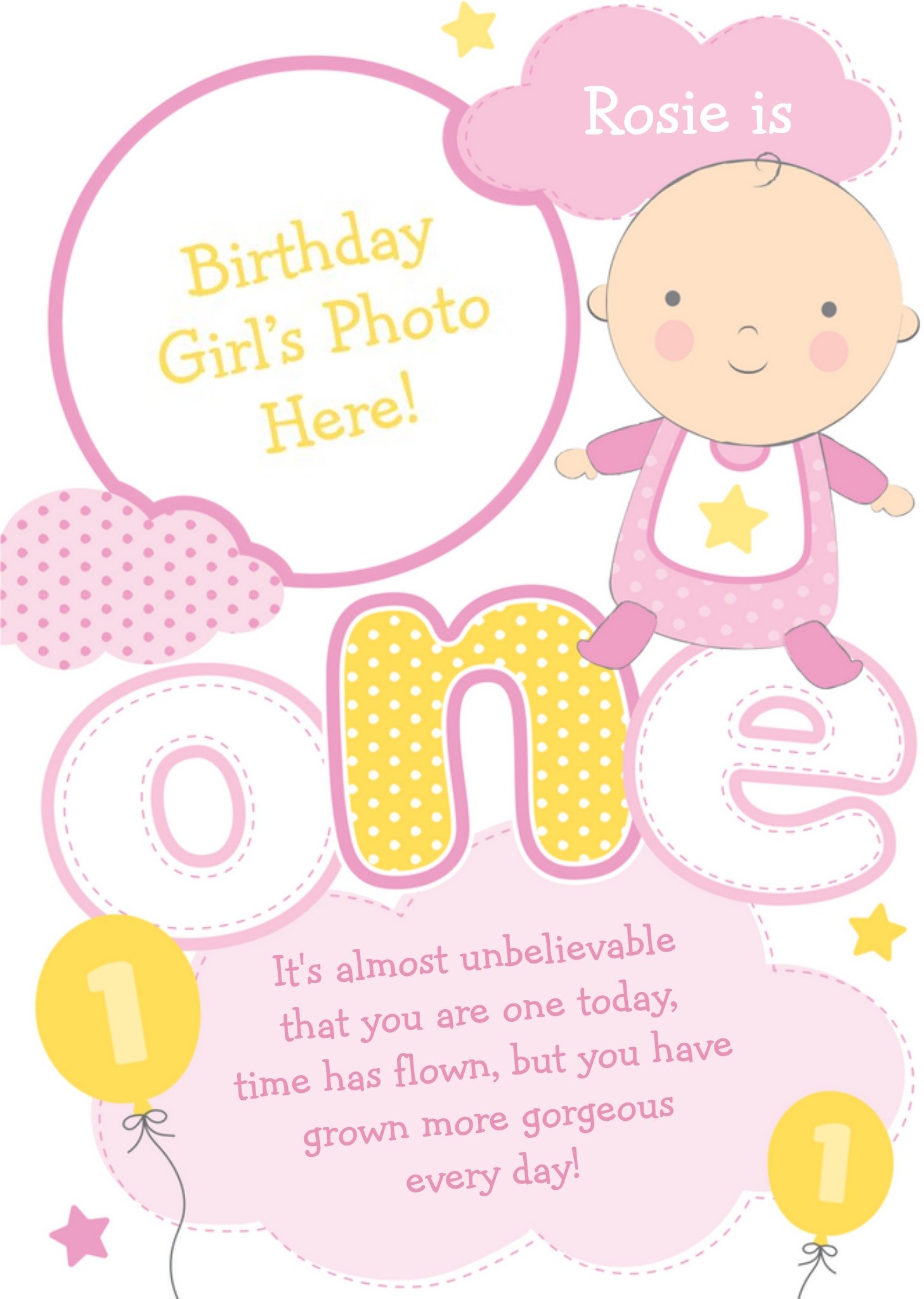 Moonpig Yellow And Pink Clouds Personalised Photo Upload Baby's 1st Birthday Card, Large