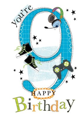 Typographic You're 9 Happy Birthday Card