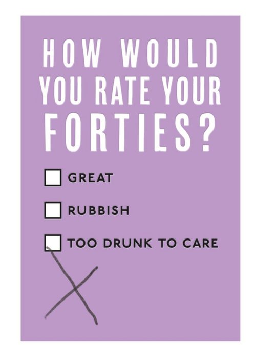 Purple Typographic Funny Forties Rating Check Box Birthday Card