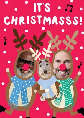 Elated Illustrated Family Of Reindeer Carol Singing Photo Upload Christmas Card