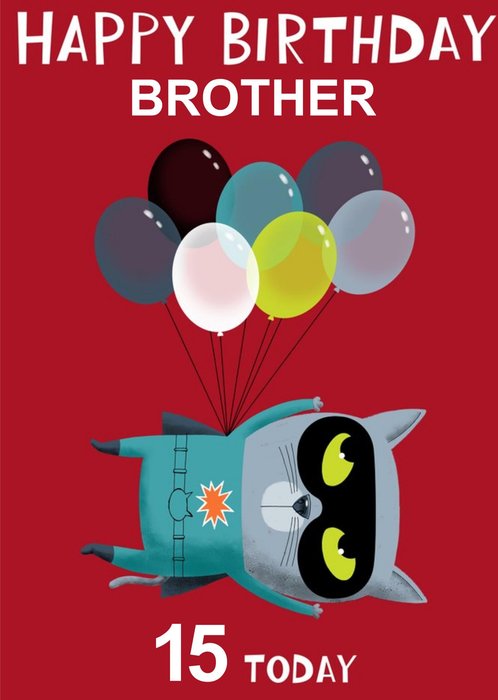 Cat Superhero flying With Balloons Personalise Age Brother Birthday Card
