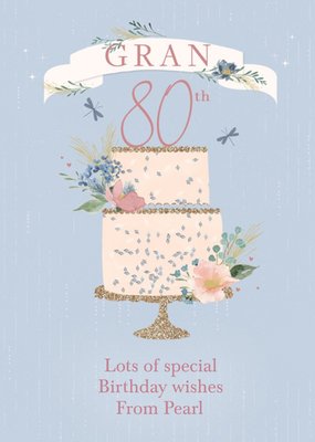 Illustration Of A Two-Tier Cake Decorated With Flowers Gran's Eightieth Birthday Card