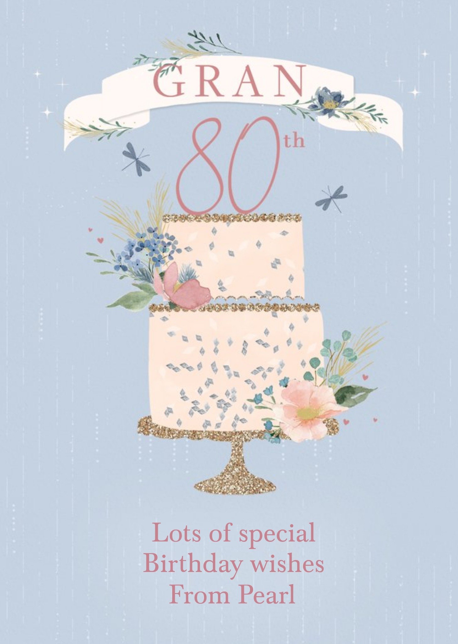 Moonpig Illustration Of A Two-Tier Cake Decorated With Flowers Gran's Eightieth Birthday Card, Large