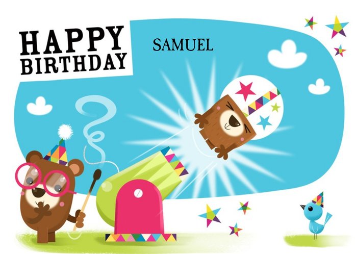 Bear Out Of A Cannon Personalised Happy Birthday Card