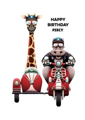 Illustration Of A Hippopotamus And A Giraffe On A Classic Motorbike Personalised Birthday Card