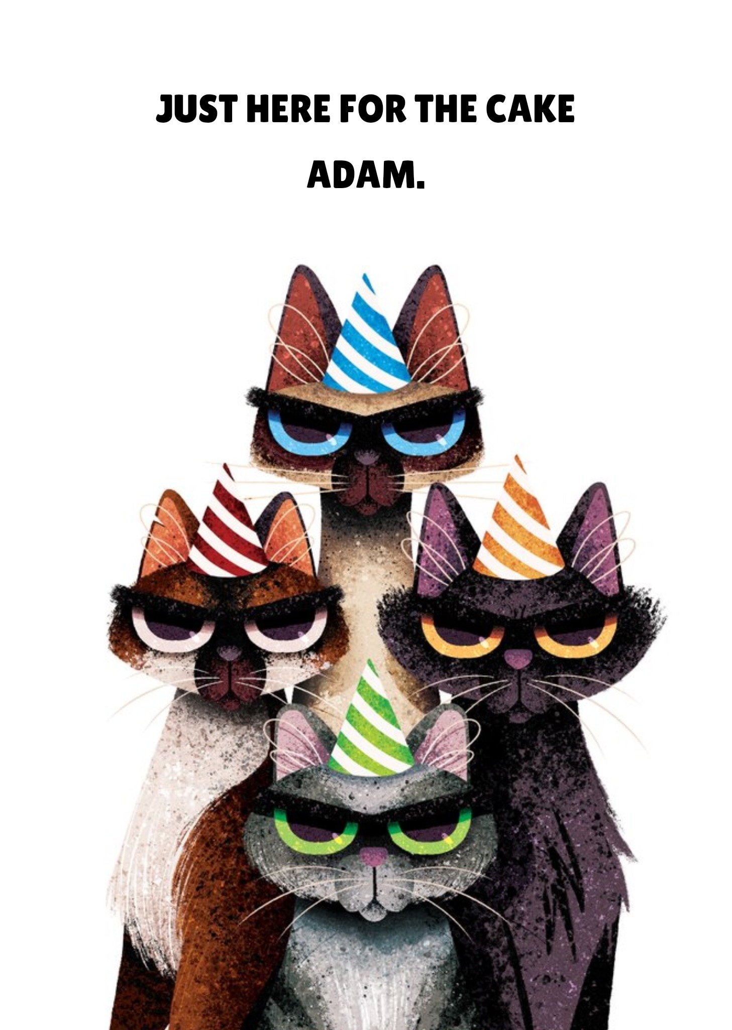 Moonpig Beautiful Illustration Of Four Grumpy Cats In Party Hats Personalised Birthday Card, Large