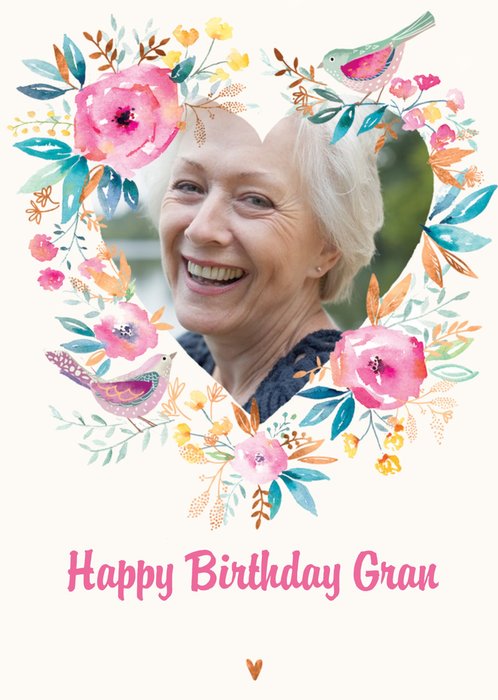 Watercolour Flowers And Birds Happy Birthday Gran Traditional Photo Card