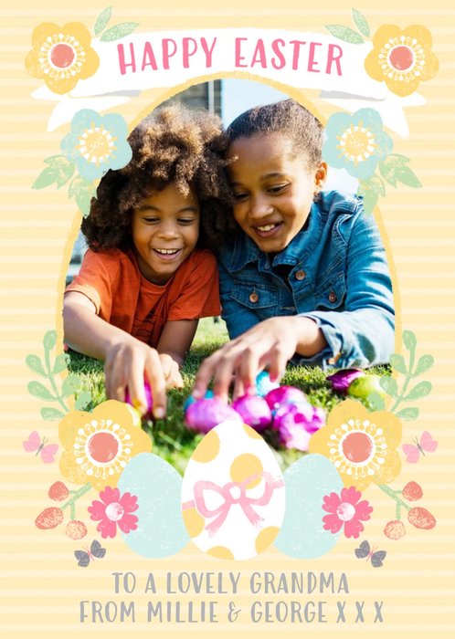 Yellow Striped Egg And Flower Happy Easter Photo Card