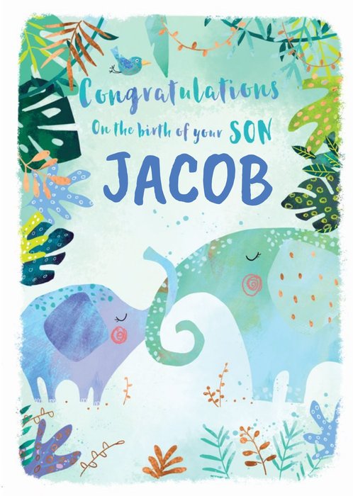 Cute Illustration Of A Patchwork Elephant Congratulations Baby Boy Son Personalised Card