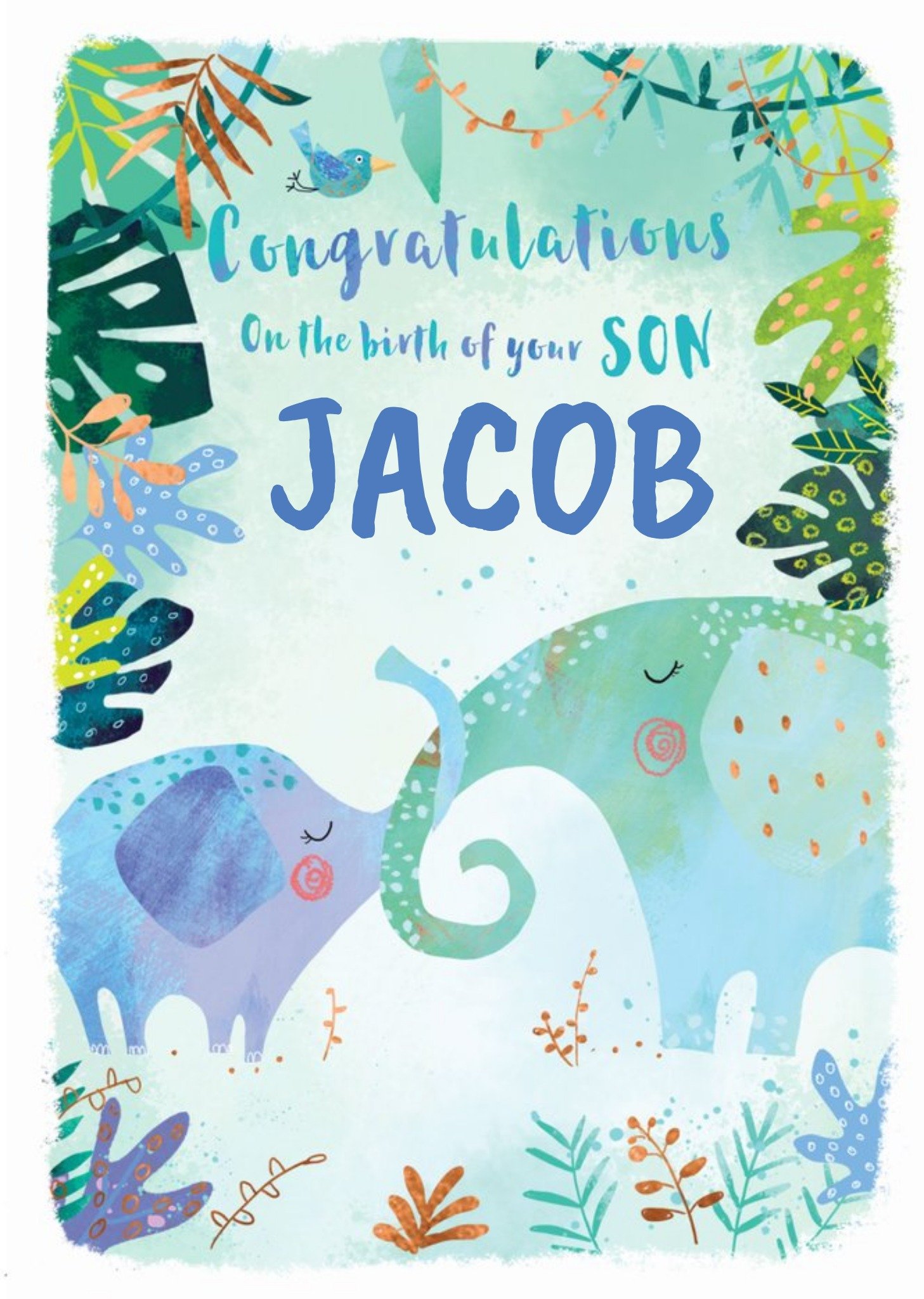 Cute Illustration Of A Patchwork Elephant Congratulations Baby Boy Son Personalised Card Ecard