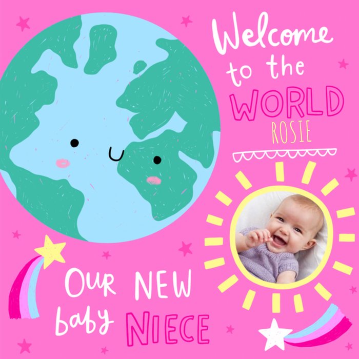 Illustration Of Earth With A Smiley Face New Baby Niece's Photo Upload Card