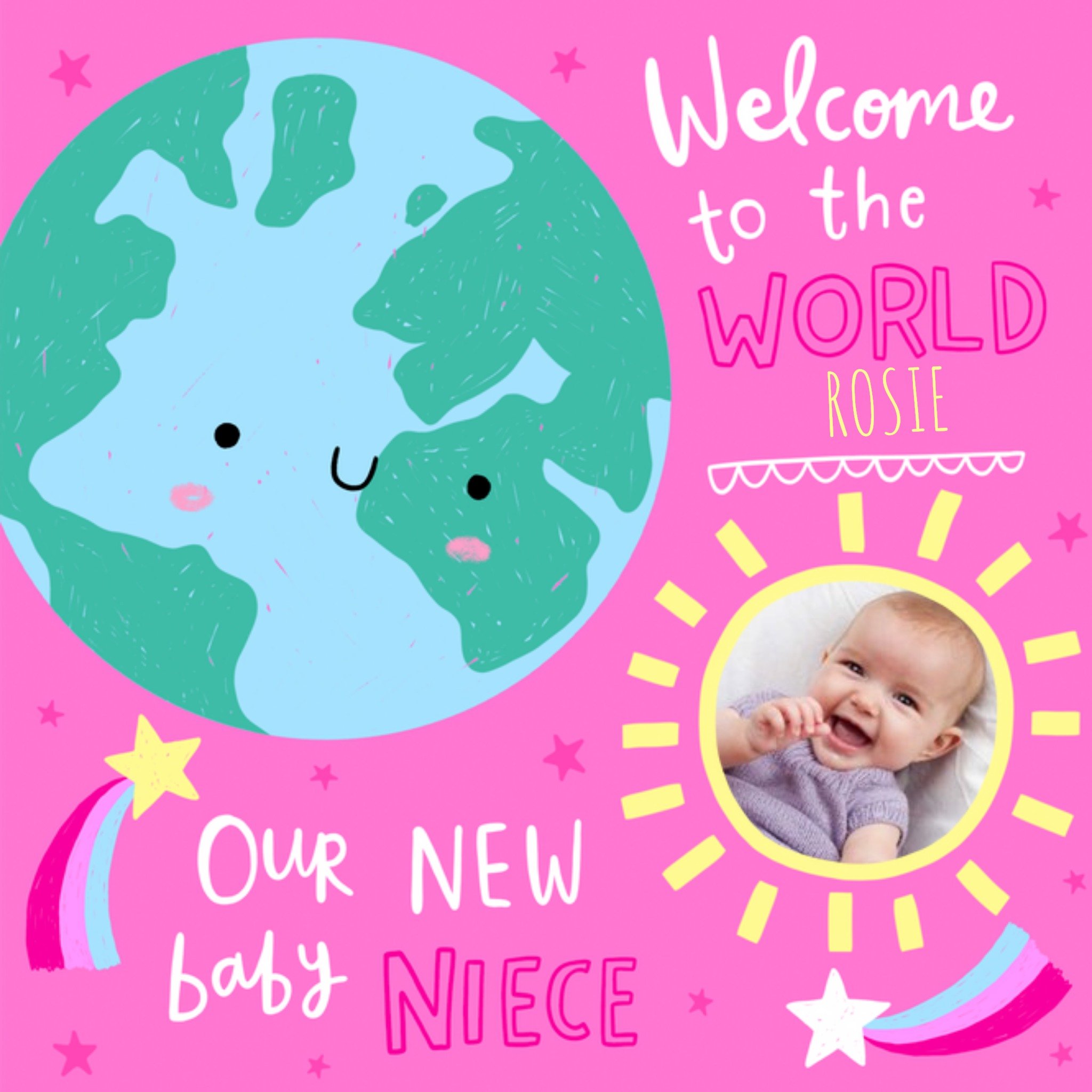 Illustration Of Earth With A Smiley Face New Baby Niece's Photo Upload Card, Square